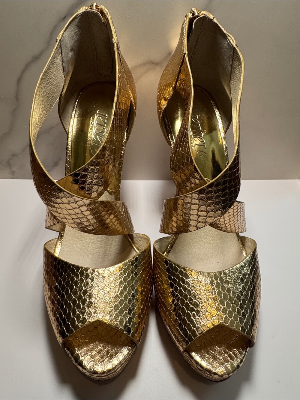 Michael Kors Gold Snake-Embossed Strappy Heels